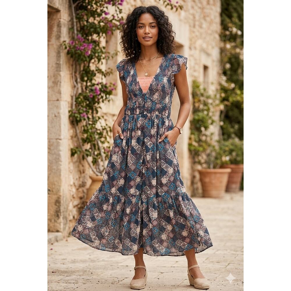 Anthropologie Smocked Geometric Patchwork Tiered Midi Dress S